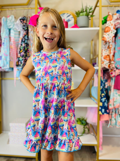Bowtism Girls Bright Ice Cream Party Dress with Matching Bow - Bowtism