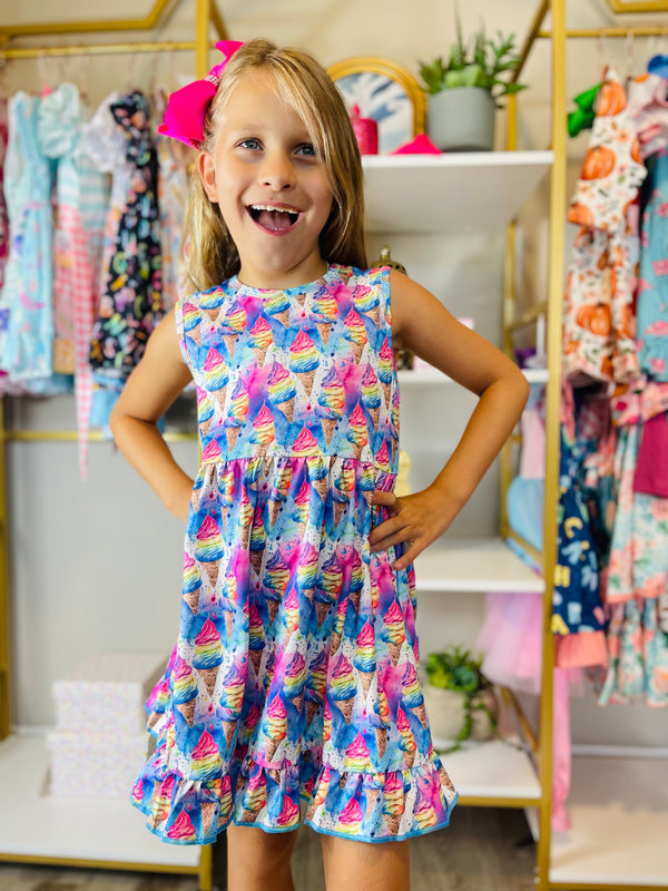 Bowtism Girls Bright Ice Cream Party Dress with Matching Bow - Bowtism