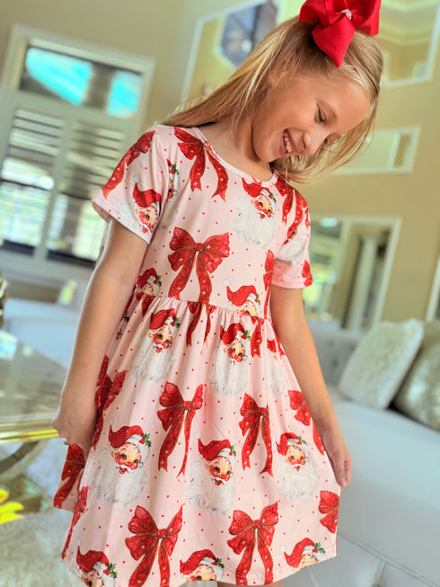 Girls Pink Santa Bow Dress with Matching Bow