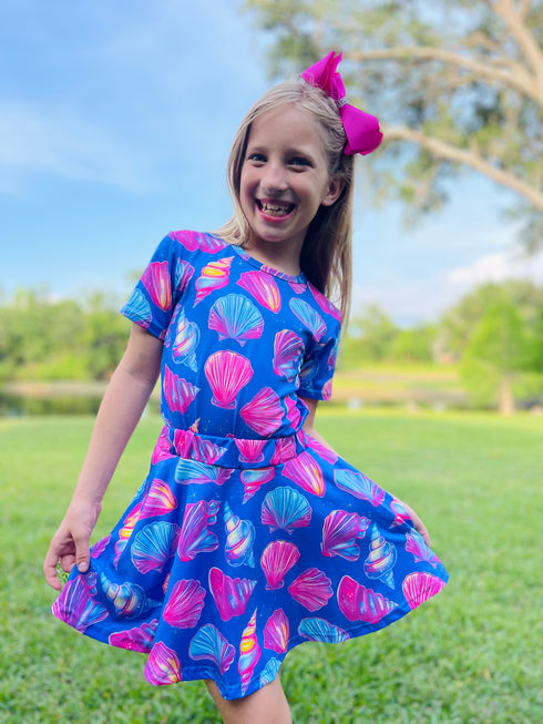 Girls Purple Seashell Crop Top Skirt with Skort Set and Matching Bow - Bowtism