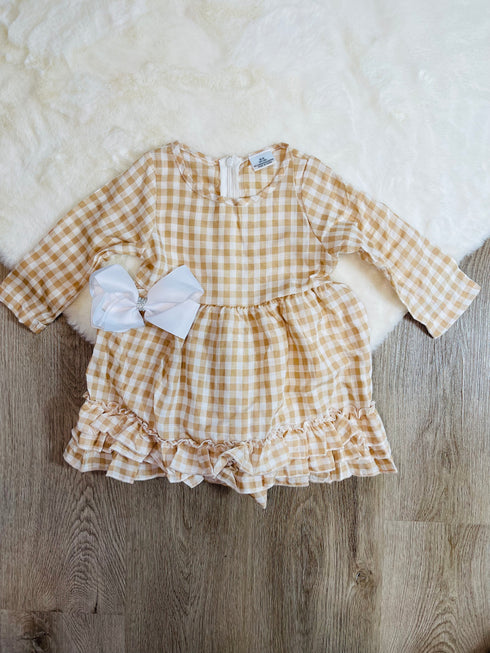 Bowtism Country Plaid Linen Ruffle Dress with Matching Bow - Bowtism