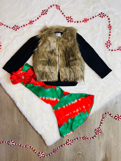 Bowtism Fur Vest and Fashionable Holiday Flare Pants Set with Matching Bow lol - Bowtism