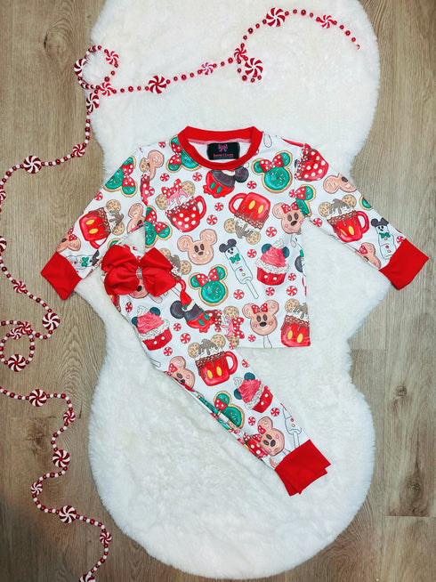 Bowtism Girls Mouse Christmas Treats Pajama Pants Set with Matching Bow - Bowtism