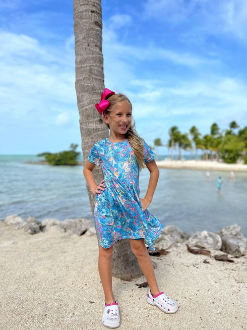 Bowtism Girls Aqua Seascape Twirl Dress with Matching Bow - Bowtism