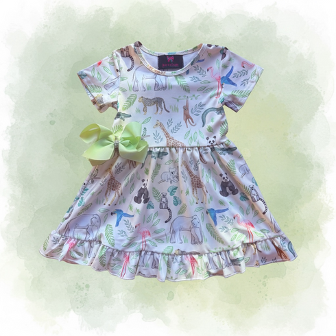 Girls Playful Zoo Dress with Matching Bow