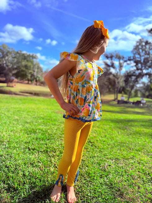 Girls Spring Lemon Lace Pants Set with Matching Bow