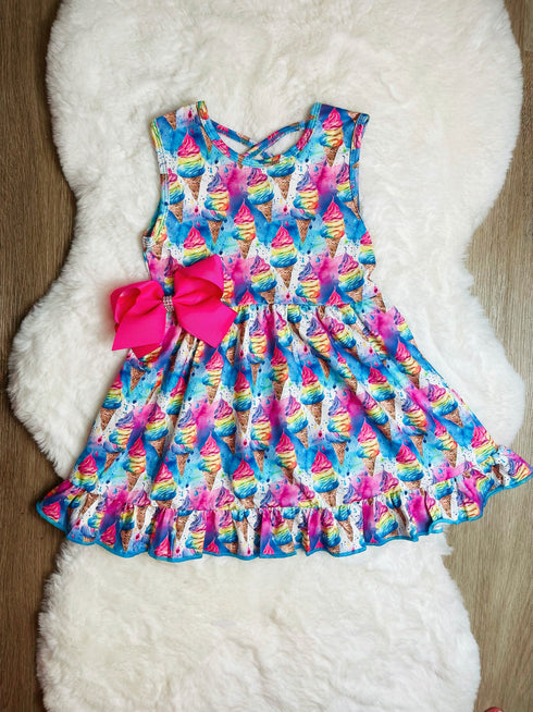 Bowtism Girls Bright Ice Cream Party Dress with Matching Bow - Bowtism
