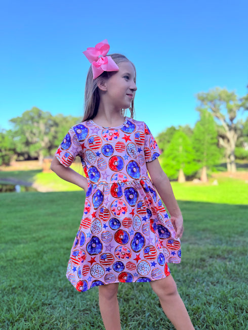 Girls Pink Donut July 4th Dress with Matching Bow