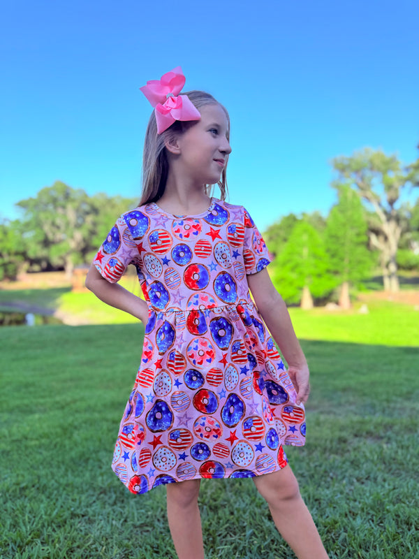 Girls Pink Donut Birthday Dress with Matching Bow