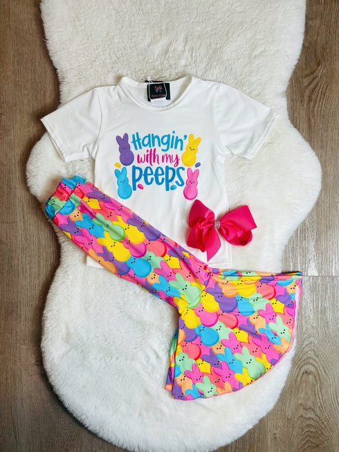 Girls Hanging with my Peeps Flare Pants Set with Matching Bow - Bowtism