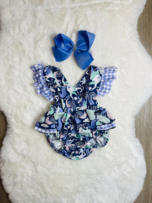 Bowtism Baby Unicorn Mermaid Ruffled Romper with Matching Bow - Bowtism