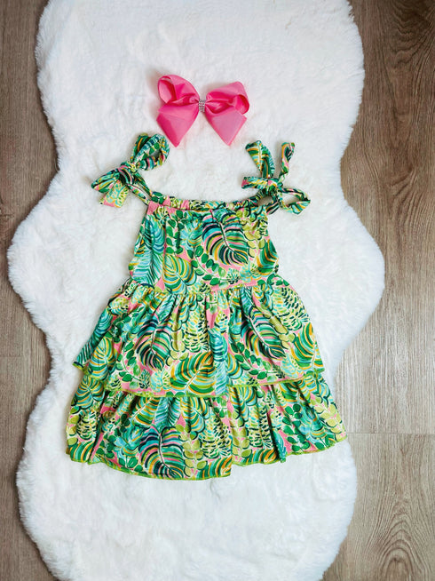 Bowtism Paradise Palms Layered Dress With Matching Bow - Bowtism