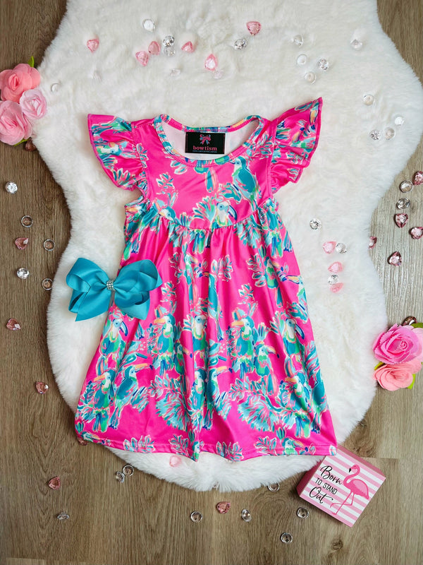 Bowtism Paradise Birds Flutter Dress with Matching Bow - Bowtism