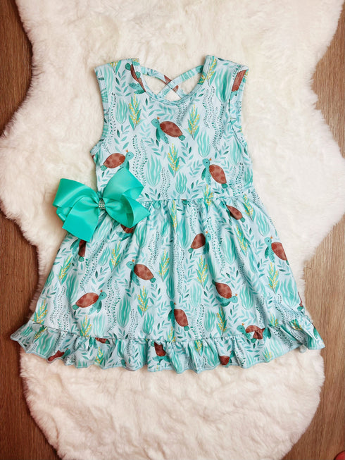 Bowtism Turtle Adventure Dress with Matching Bow - Bowtism