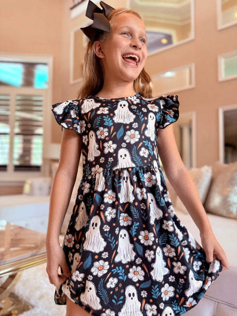 Girls Short Sleeve Ghost Dress with Matching Bow - Bowtism