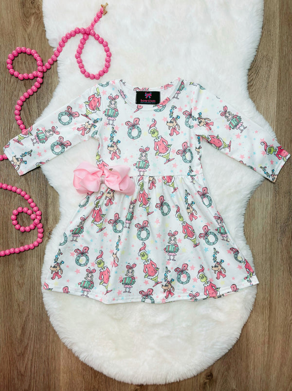 Bowtism Sweet Pastel Grinchmas Dress with Matching Bow - Bowtism