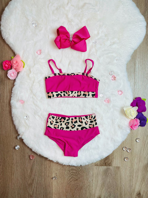 Bowtism Mommy & Me Pink Cheetah Swimsuit with Matching Bow - Bowtism