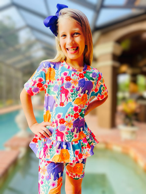 Girls Zoo Giraffe Elephant Shorts Set with Matching Bow - Bowtism