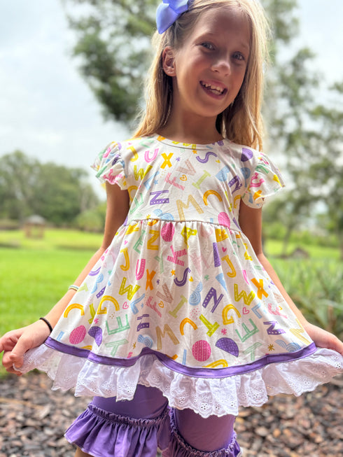 Girls Purple School Alphabet Shorts Set with Matching Bow - Bowtism