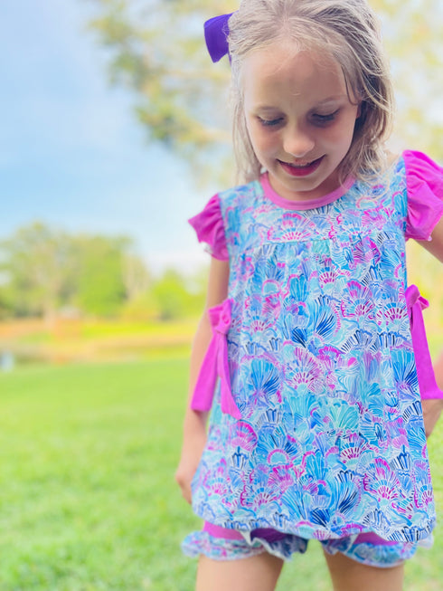 Girls Seashell Summer Ruffle Shorts Set with Matching Bow - Bowtism