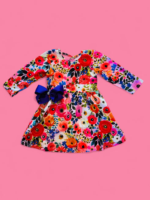 Girls Colorful Floral Fall Dress with Matching Bow - Bowtism