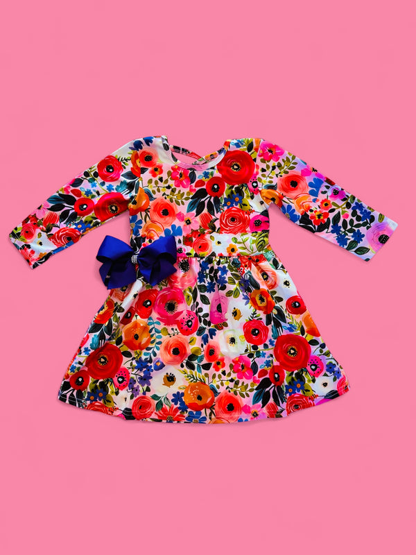Girls Colorful Floral Fall Dress with Matching Bow