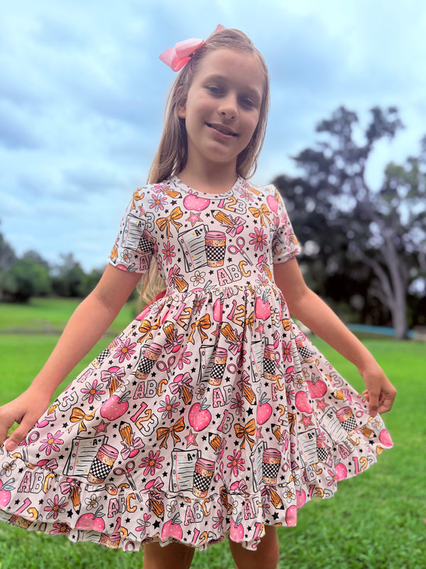 Girls Pink Back to School Dress + Matching Bow
