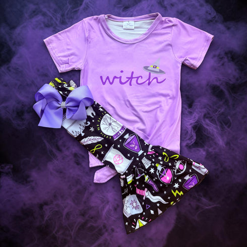 Girls Witch Inspired Flare Pants Set with Matching Bow