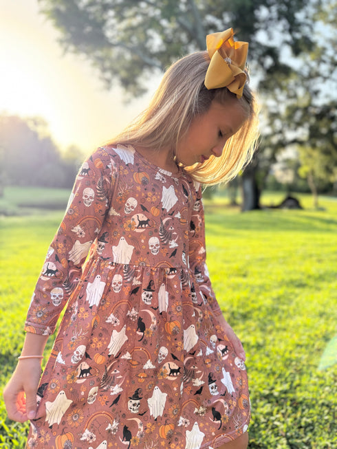 Girls Boho Skeleton Ghost Halloween Dress with Matching Bow - Bowtism