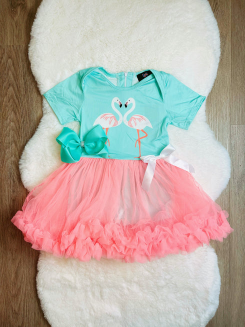 Bowtism Flamingo Tutu Dress With Matching Bow - Bowtism