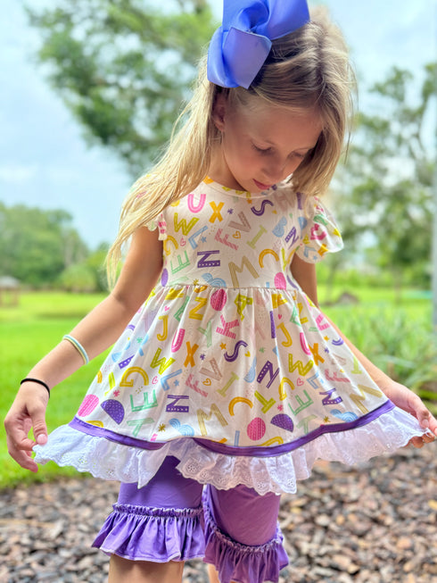 Girls Purple School Alphabet Shorts Set with Matching Bow - Bowtism