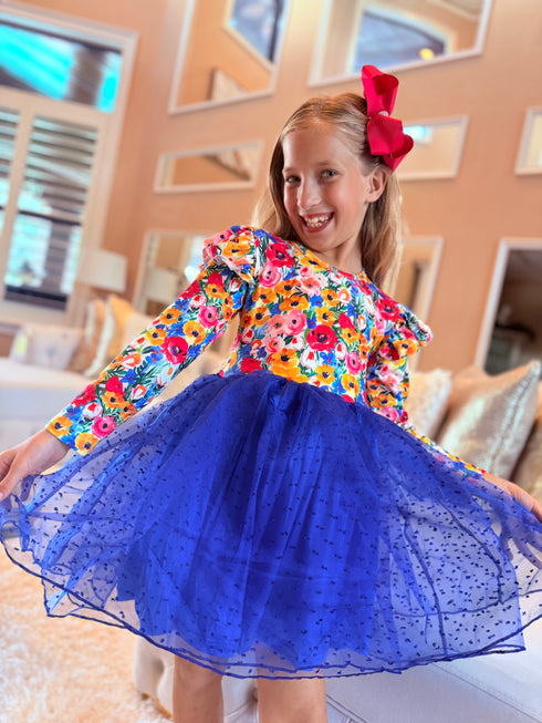 Girls Bright Floral Tutu Dress with Matching Bow - Bowtism