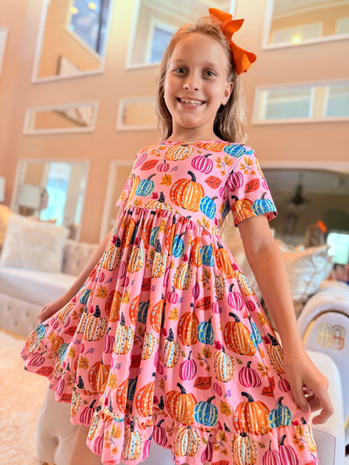 Girls Pink Pumpkin Bow Cut Out Dress with Matching Bow - Bowtism