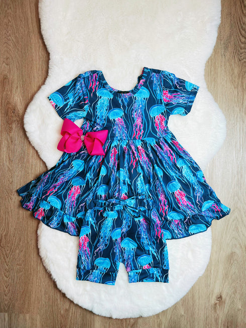 Bowtism Jellyfish Dreams Dress with Shorts Set and Matching Bow - Bowtism