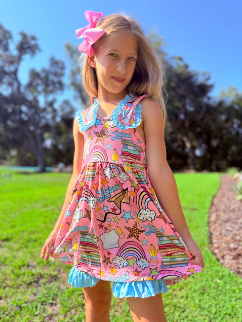 Girls Ruffled School Shorts Set with Matching Bow