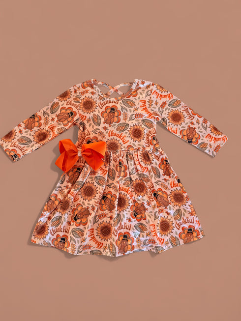 Girls Thanksgiving Turkey Twirl Dress with Matching Bow - Bowtism