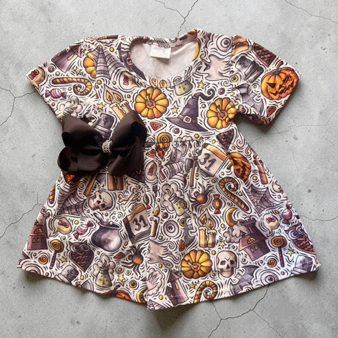 Girls Spooky HalloweenDress, Short Sleeve Twirl Dress with Matching Bow