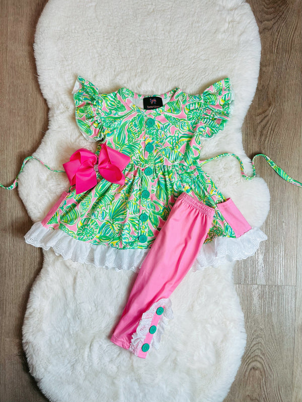 Girls Bright Floral Lace Capri Set with Matching Bow - Bowtism