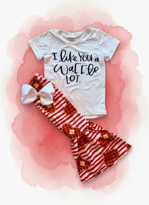 Girls Waffle Outfit Set with Flare Pants + Matching Bow