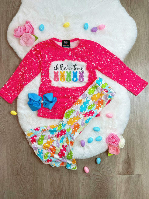 Bowtism Girls Chillin with My Peeps Flare Pants Set with Matching Bow - Bowtism