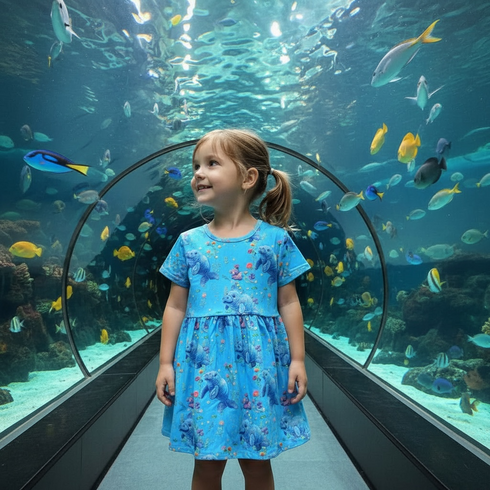 Girls Manatee Print Dress with Matching Bow