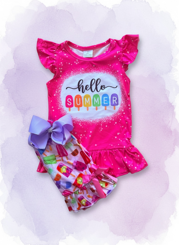 Girls Hello Summer Outfit Set with Shorts + Matching Bow