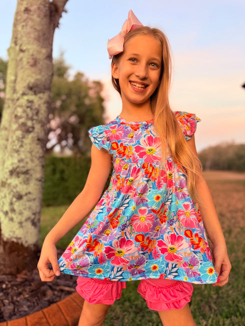Peonies Floral Shorts Set with Matching Bow