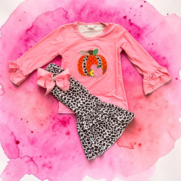 Girls Pink Harvest Pumpkin Flare Pants Set with Matching Bow