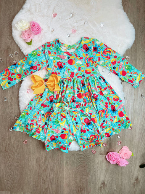 Bowtism I Love Candy Twirl Dress with shorts and Matching Bow - Bowtism