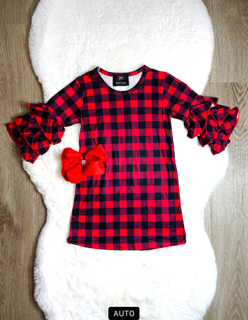 Bowtism Girls Holiday Tiered Plaid Dress with Matching Bow - Bowtism