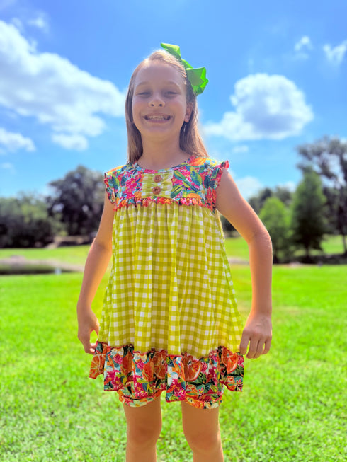 Girls Tropical Floral Shorts Set & Matching Bow