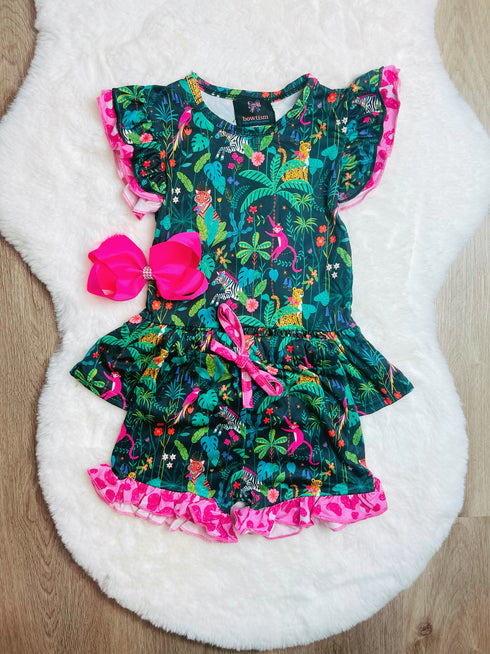 Bowtism Jungle Monkey Flutter Shorts Set with Matching Bow - Bowtism