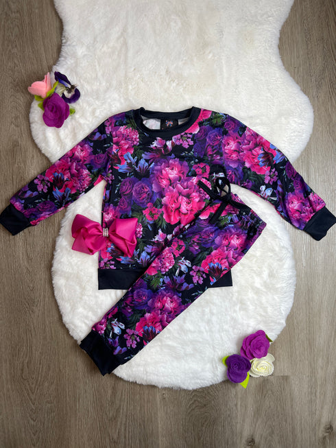 Bowtism Girls Purple Floral Lounge Pants Set with Matching Bow - Bowtism