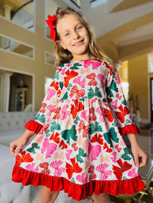 Girls Christmas preppy Bow Dress with matching bow
